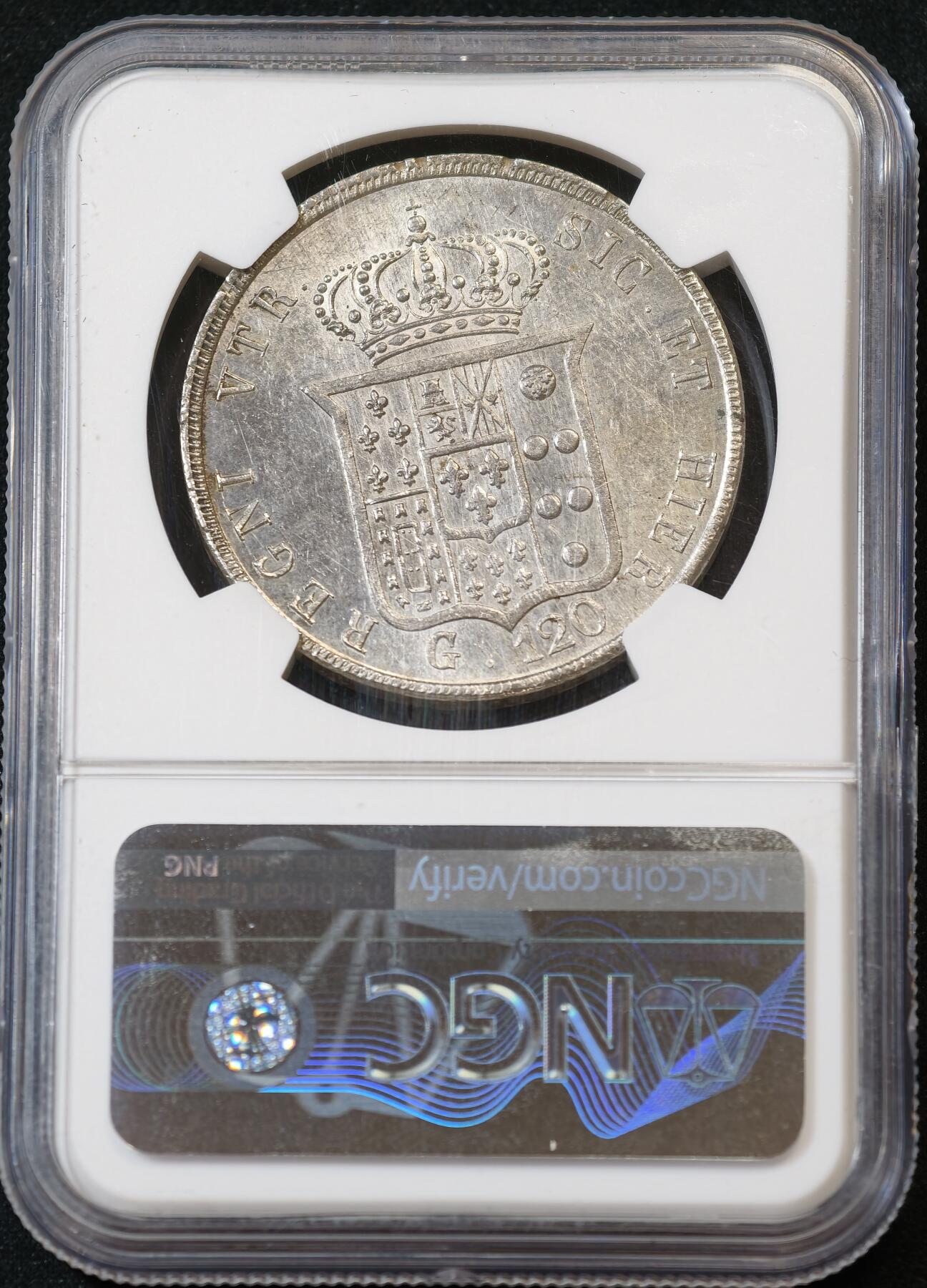 甄臻铺-世界币章拍卖（第53期），甄品场拍品征集中，送拍享返佣金等优惠多多 NGC-MS62 1846年意大利那不勒斯青年头120G大银，稀少青年头像，NGC季军分，币面拉丝机铸纹清晰可见，低评分数