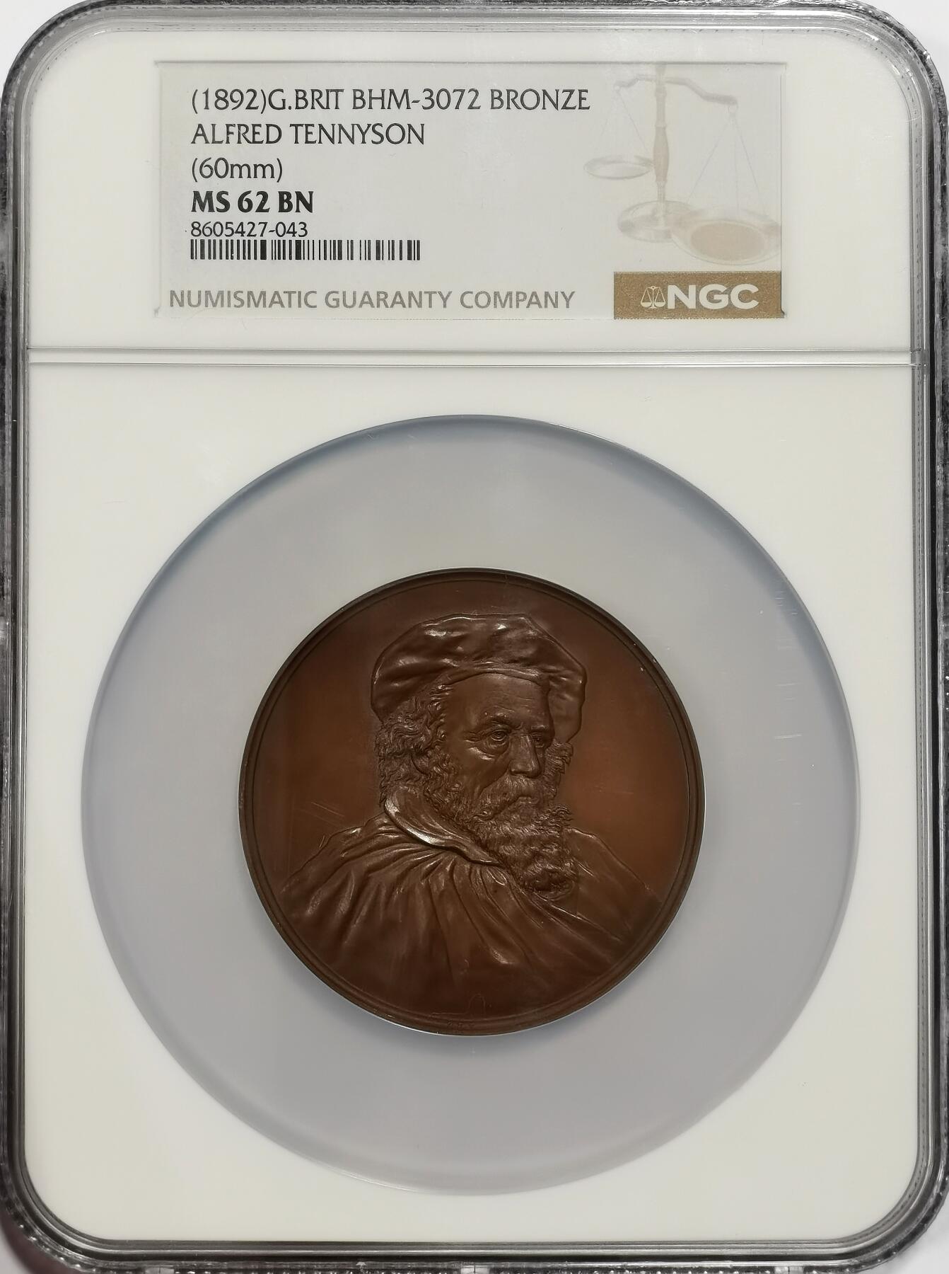 博洋堂世界钱币拍卖第163期（全场包邮） NGC MS62BN 英国1892年维多利亚时代最伟大的桂冠诗人阿尔弗雷德·丁尼生纪念大铜章