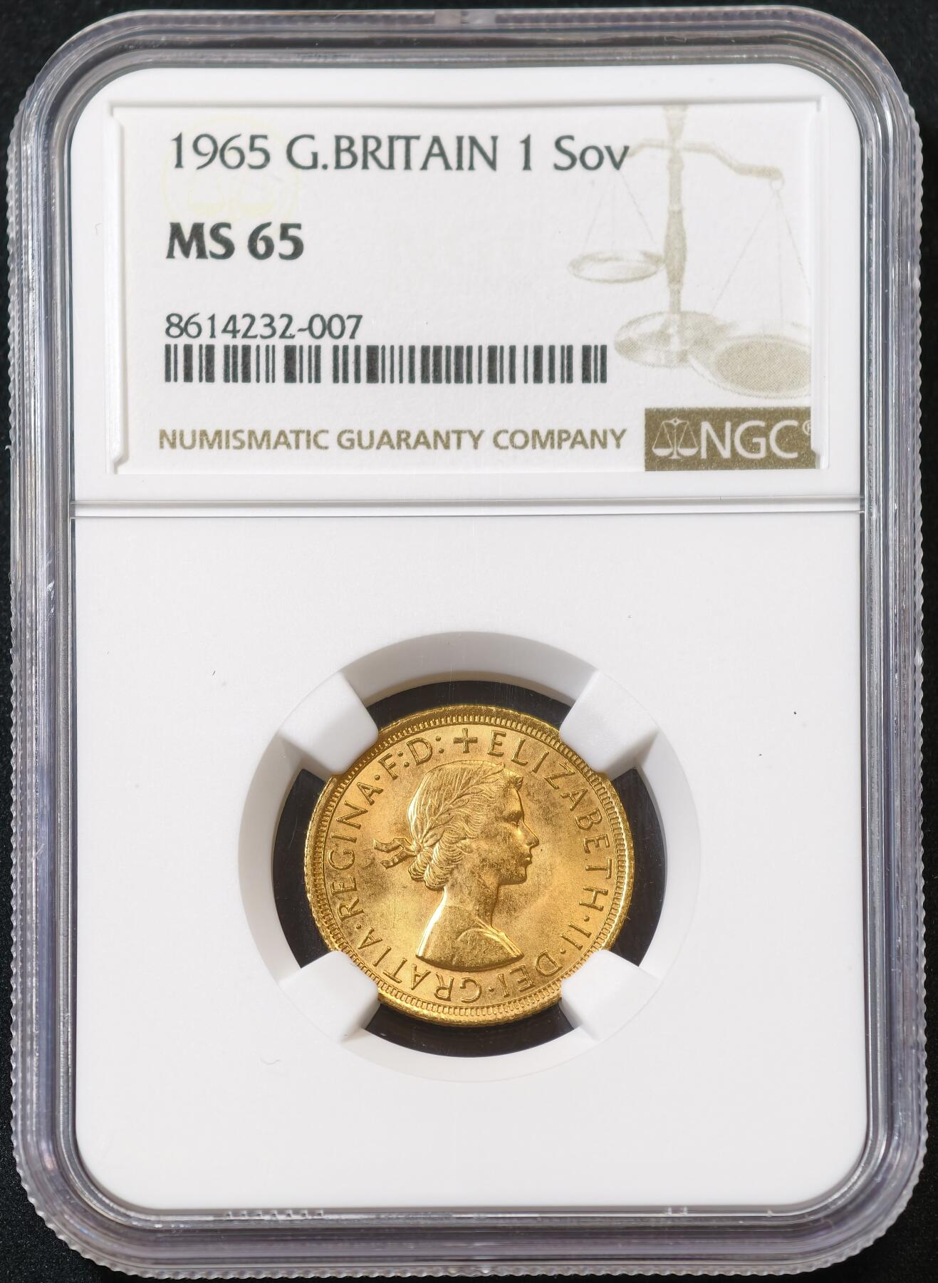 甄臻铺-世界币章拍卖（第53期），甄品场拍品征集中，送拍享返佣金等优惠多多 NGC-MS65 英国1965年1索维林金币 原光未流通 贵金属投资佳品