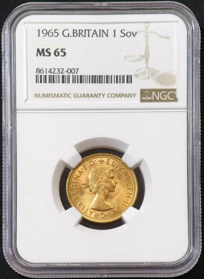甄臻铺-世界币章拍卖（第53期），甄品场拍品征集中，送拍享返佣金等优惠多多 - NGC-MS65 英国1965年1索维林金币 原光未流通 贵金属投资佳品