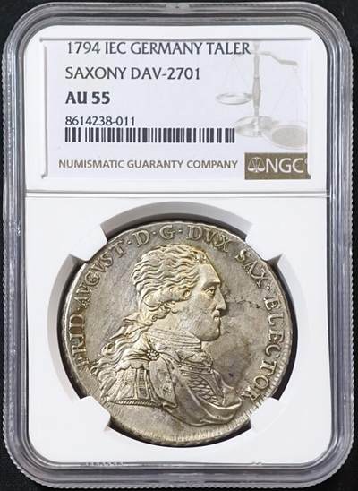 甄臻铺-世界币章拍卖（第53期），甄品场拍品征集中，送拍享返佣金等优惠多多 - NGC-AU55  德国萨克森 1794 年 弗里德里希 奥古斯特 三世 盔甲 泰勒大银币，这个品种大部分都是清洗有AU50以上的很难得，喜欢早期泰勒的藏友不要错过