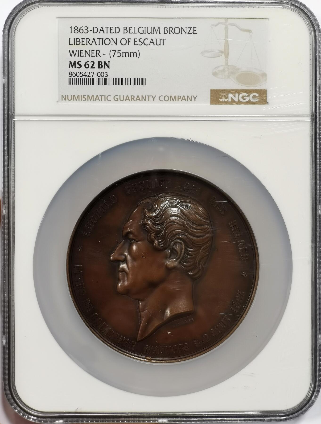博洋堂世界钱币拍卖第163期（全场包邮） NGC MS62BN 比利时1863年埃斯科河的解放纪念大铜章，1863年比利时通过条约从荷兰收回了安特卫普港的主权，实现了埃斯科河的自由通航，“解放”了这一战略要地