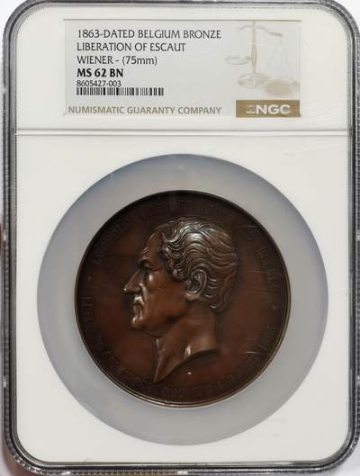 博洋堂世界钱币拍卖第163期（全场包邮） - NGC MS62BN 比利时1863年埃斯科河的解放纪念大铜章，1863年比利时通过条约从荷兰收回了安特卫普港的主权，实现了埃斯科河的自由通航，“解放”了这一战略要地