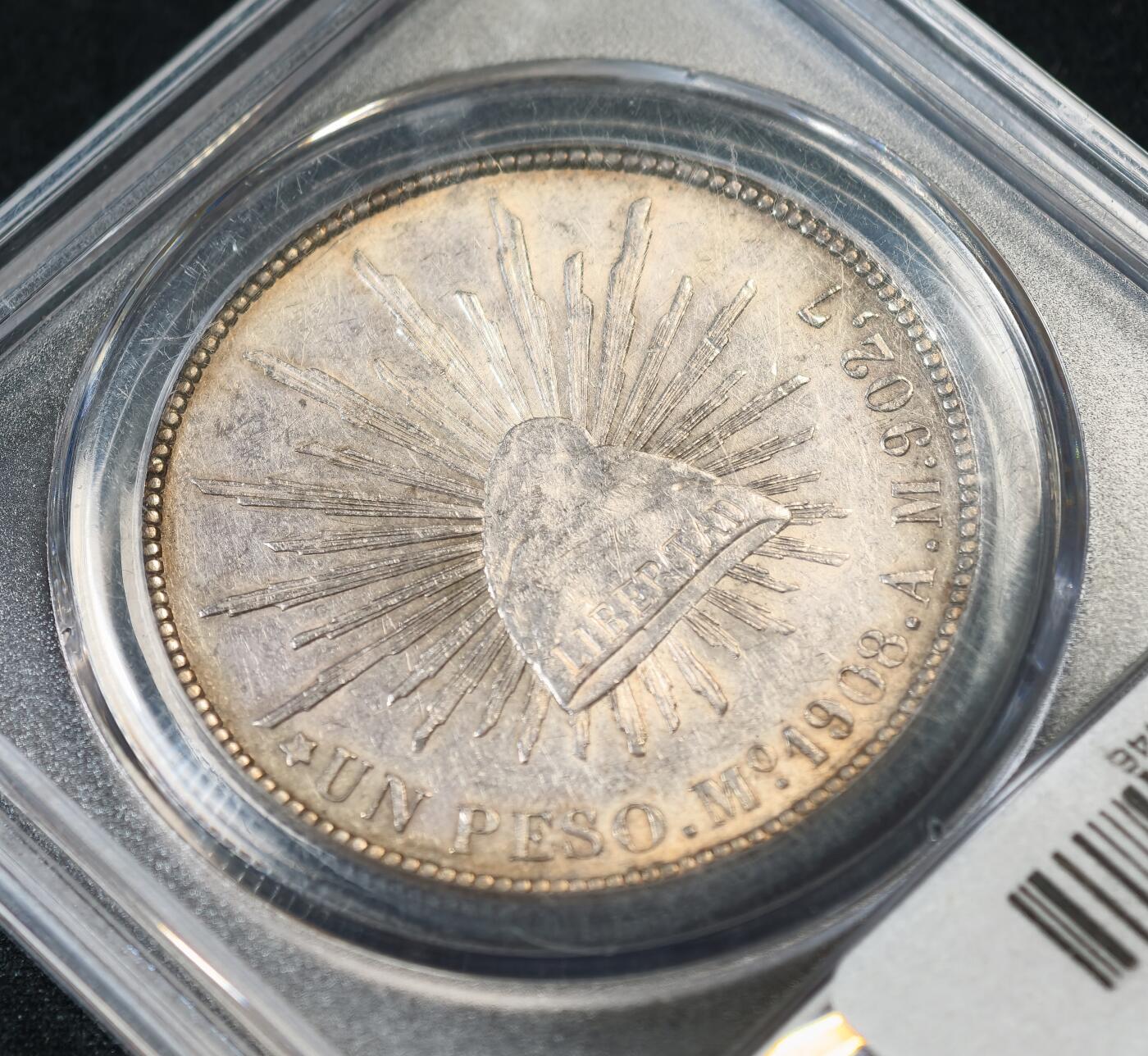 甄臻铺-世界币章拍卖（第53期），甄品场拍品征集中，送拍享返佣金等优惠多多 公博-MS63+ 墨西哥鹰洋银币，1908年MO  AM版，公博评级MS63+,重27克，细节清晰，品相不错，适合收藏