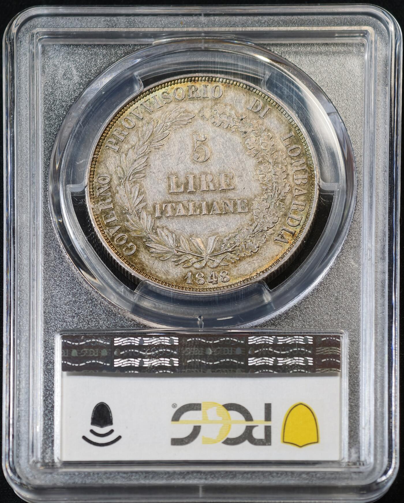 甄臻铺-世界币章拍卖（第53期），甄品场拍品征集中，送拍享返佣金等优惠多多 PCGS-AU58 1848年意大利伦巴第革命政府5里拉大银，正反面淡金色包浆，格外养眼