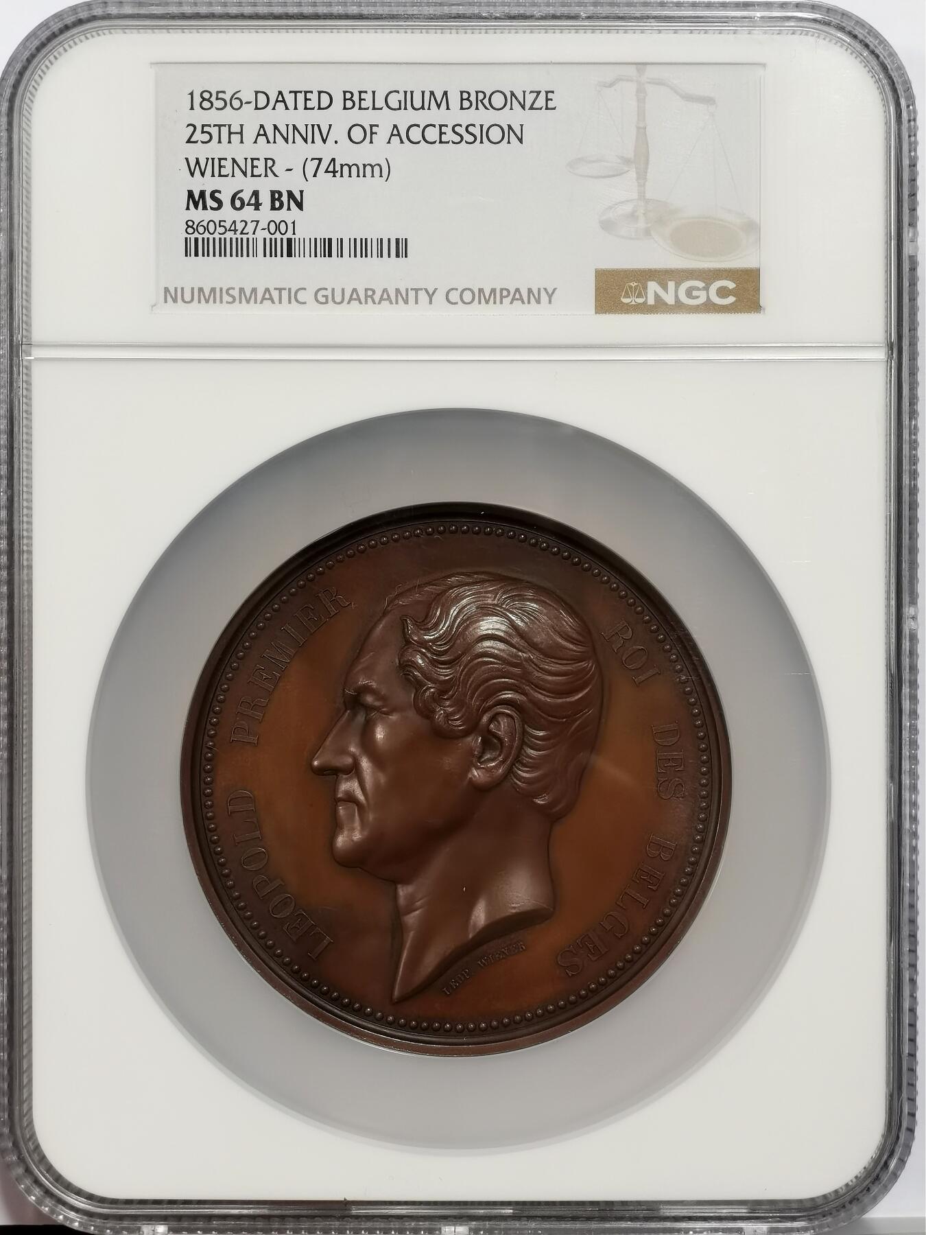 博洋堂世界钱币拍卖第163期（全场包邮） NGC MS64BN 比利时1856年利奥波德一世登基25周年纪念大铜章