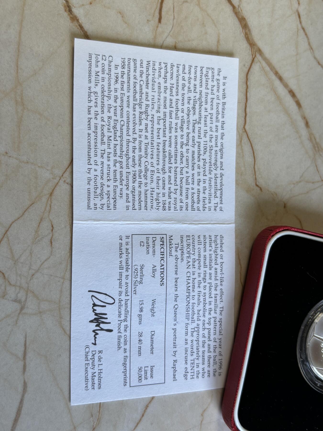 第192期拍卖 英国1996年欧洲杯足球2英镑精制纪念银币，15.98克，925银，发行50000枚