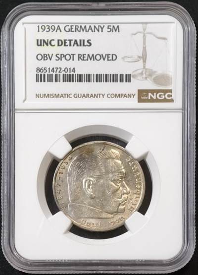 甄臻铺-世界币章拍卖（第53期），甄品场拍品征集中，送拍享返佣金等优惠多多 - NGC-UNCD 德国1939A 兴登堡5马克银币