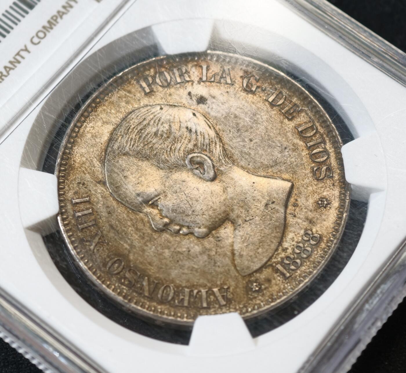 甄臻铺-世界币章拍卖（第53期），甄品场拍品征集中，送拍享返佣金等优惠多多 NGC-MS64 1888年西班牙阿方索十三世婴儿头5比塞塔银币， 该品种64分不易，值得入藏的品相