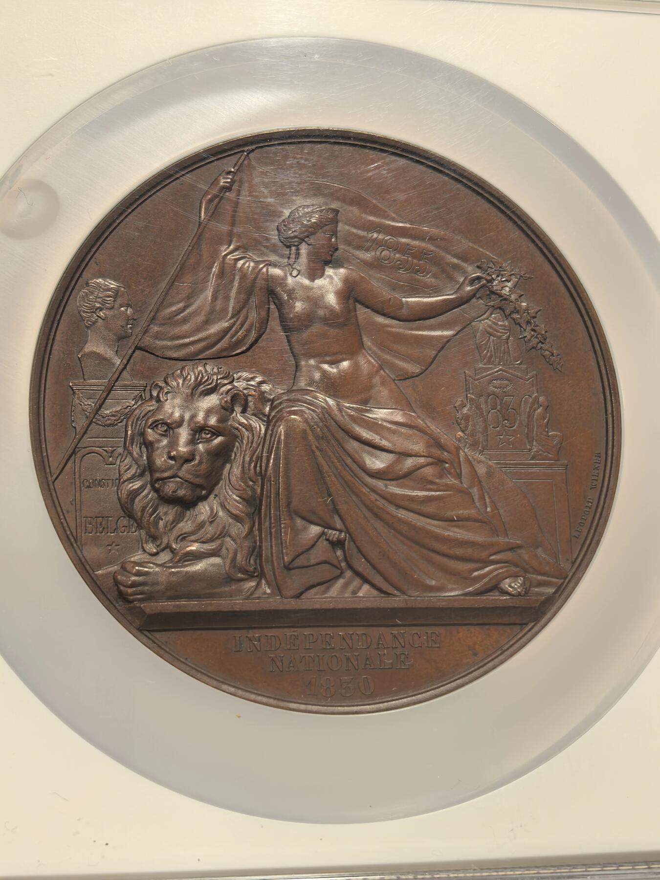 博洋堂世界钱币拍卖第163期（全场包邮） NGC MS63BN 比利时1855年独立周年纪念大铜章