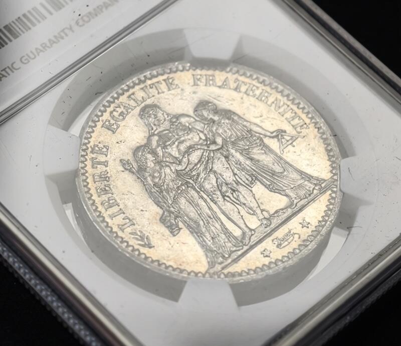 甄臻铺-世界币章拍卖（第53期），甄品场拍品征集中，送拍享返佣金等优惠多多 NGC-MS61 法国1873A 5法郎大力神银币