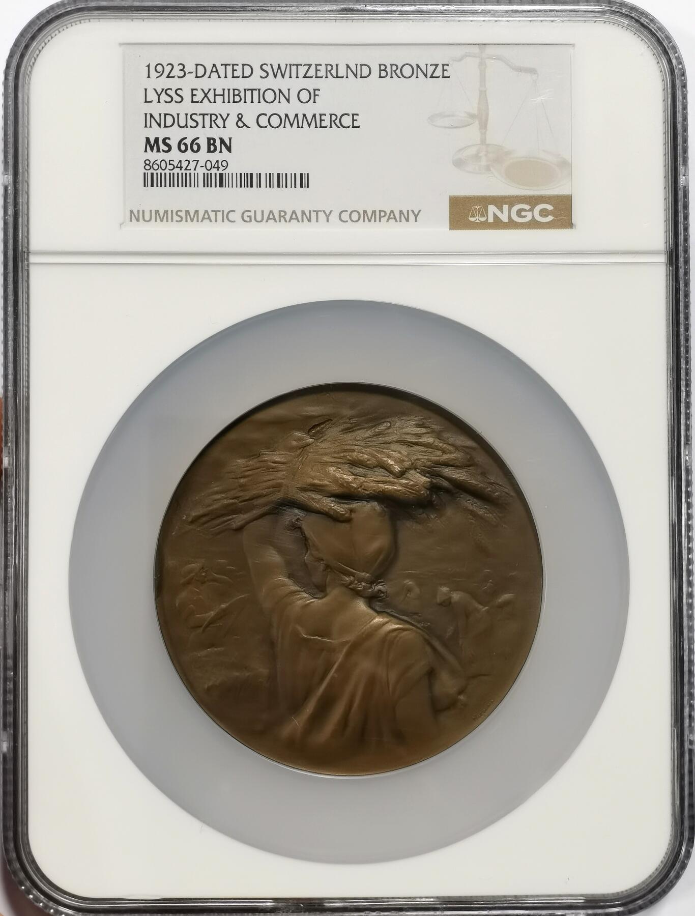 博洋堂世界钱币拍卖第163期（全场包邮） NGC MS66BN 瑞士1923年莱茵工业与商业展览会纪念大铜章