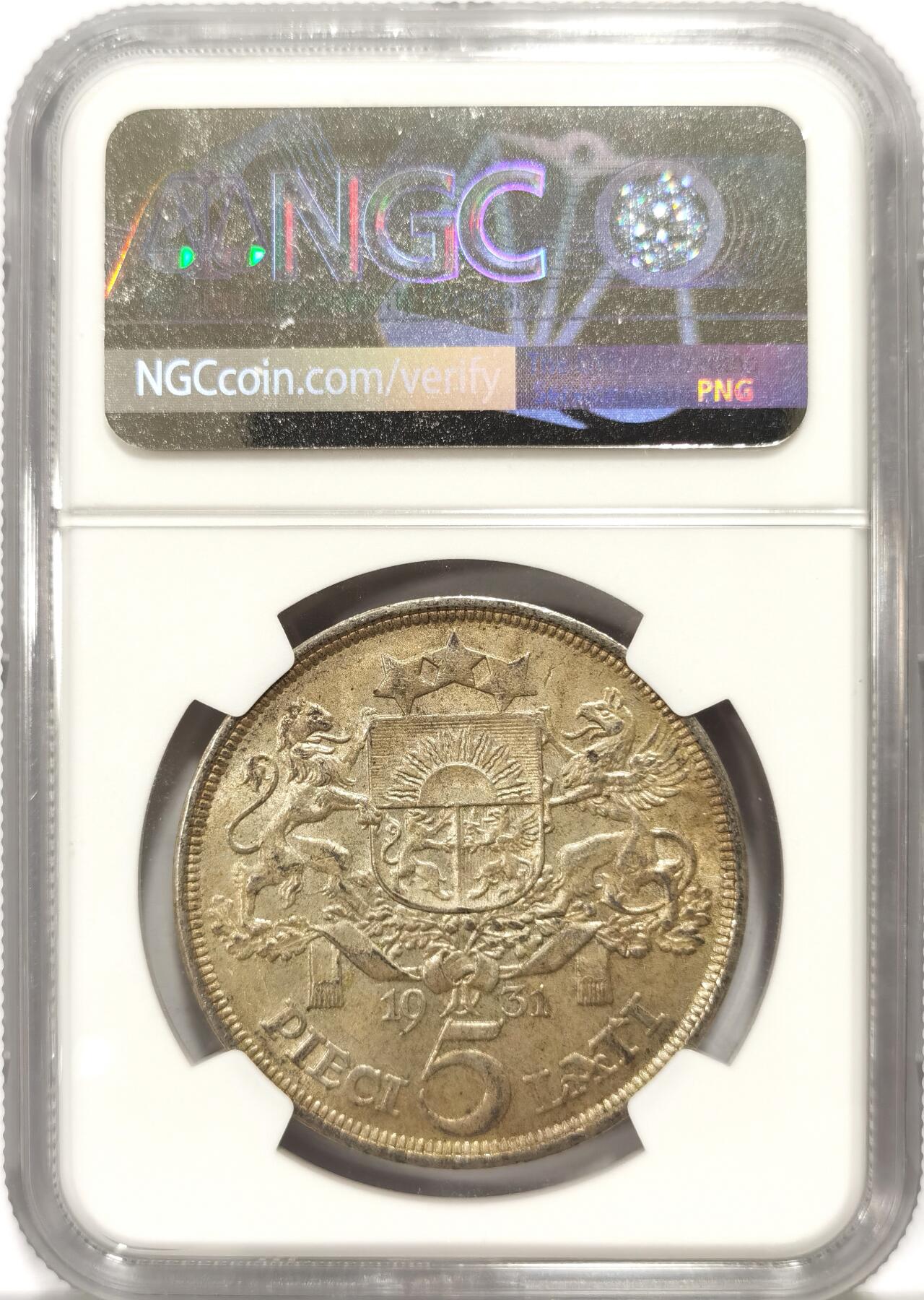 博洋堂世界钱币拍卖第163期（全场包邮） NGC MS63 拉脱维亚1931年谷物女神5拉特大银币，带漂亮淡黄油包浆，转光十足，可自藏的好品相。