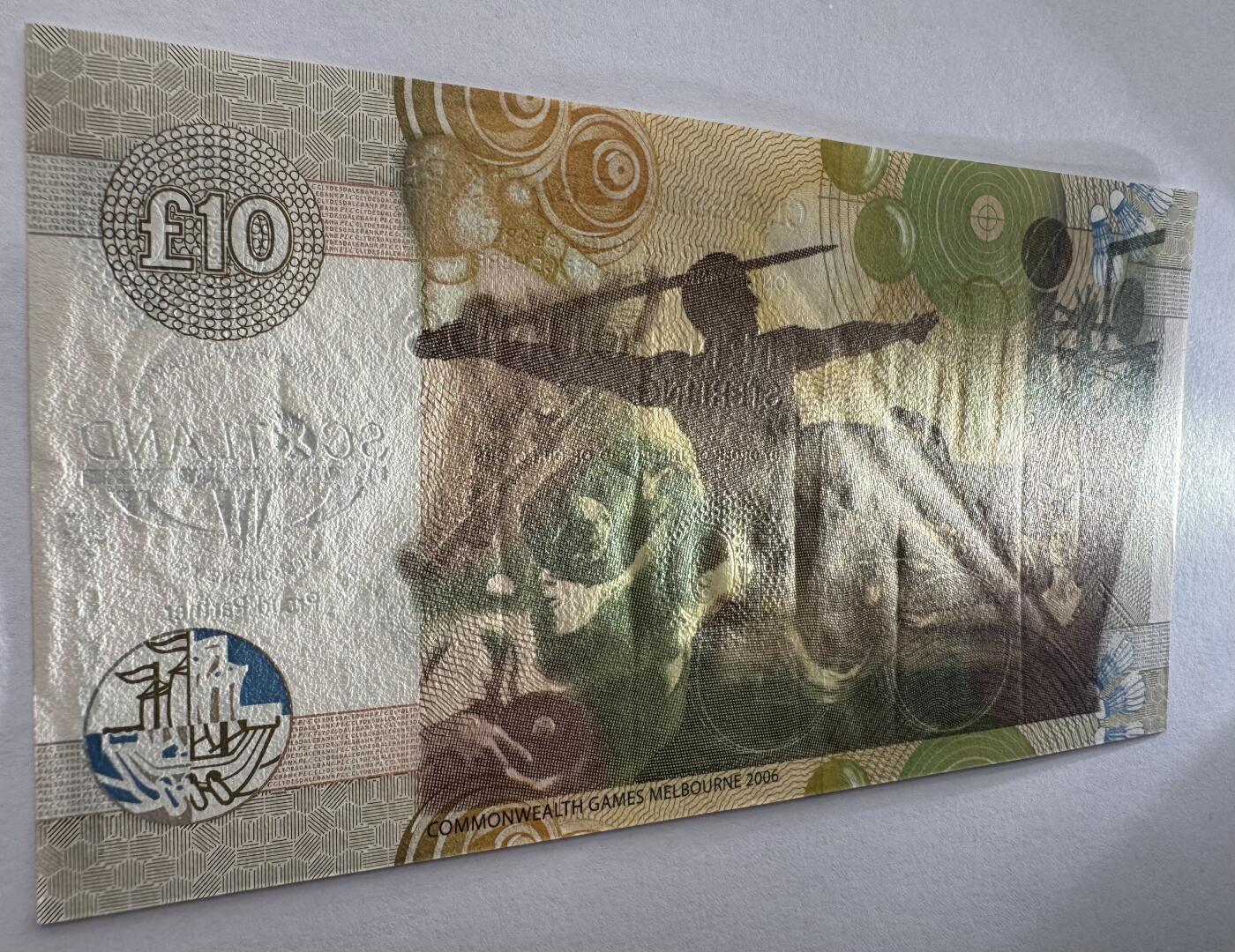 2026第4场（总第231期）：精品测试钞、外钞综合场  双豹子号000999 苏格兰克莱斯戴尔银行“第18届英联邦运动会在墨尔本召开”10镑纪念钞AUNC（有浅压痕）