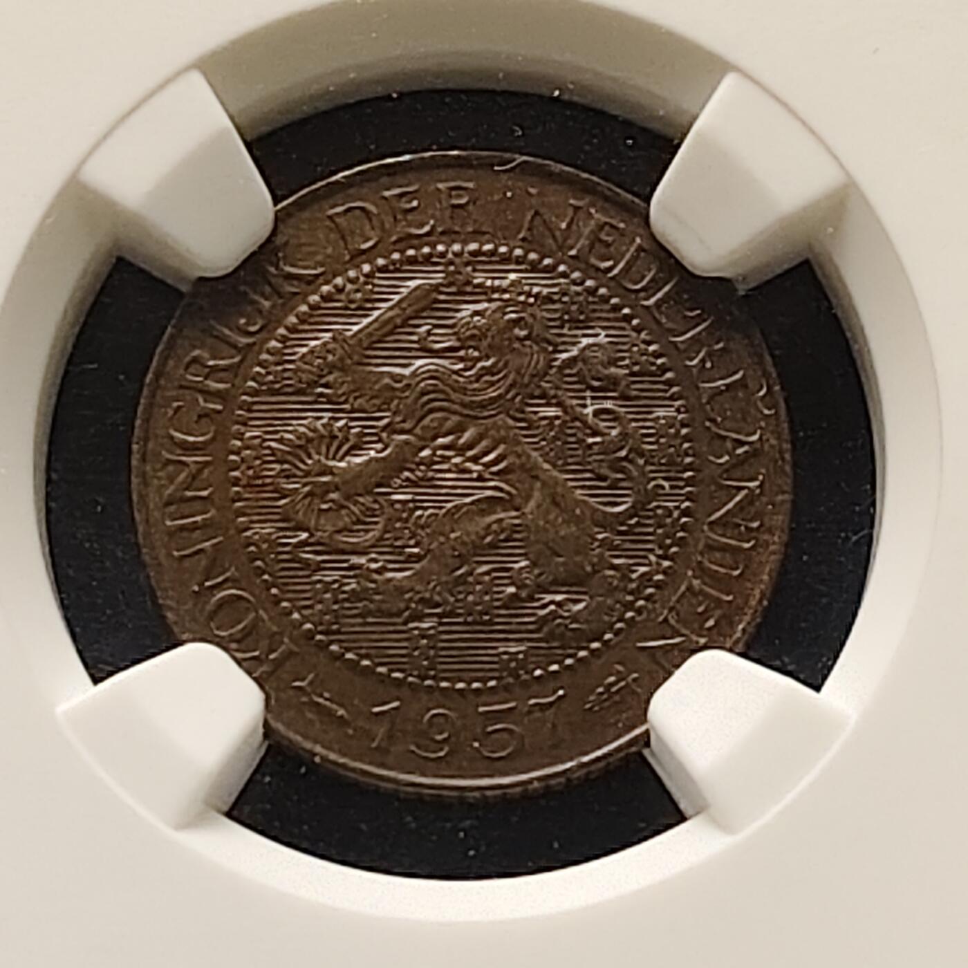 【全场包邮】纯粹捡漏拍509场 【收藏级·专用发行】荷属苏里南1957年1分铜币（乌德勒支造币厂1957-60年铸造荷兰狮徽1分专用于荷属苏里南地区，克书编号KM10a）-NGC MS62 RB（更高分仅5枚）