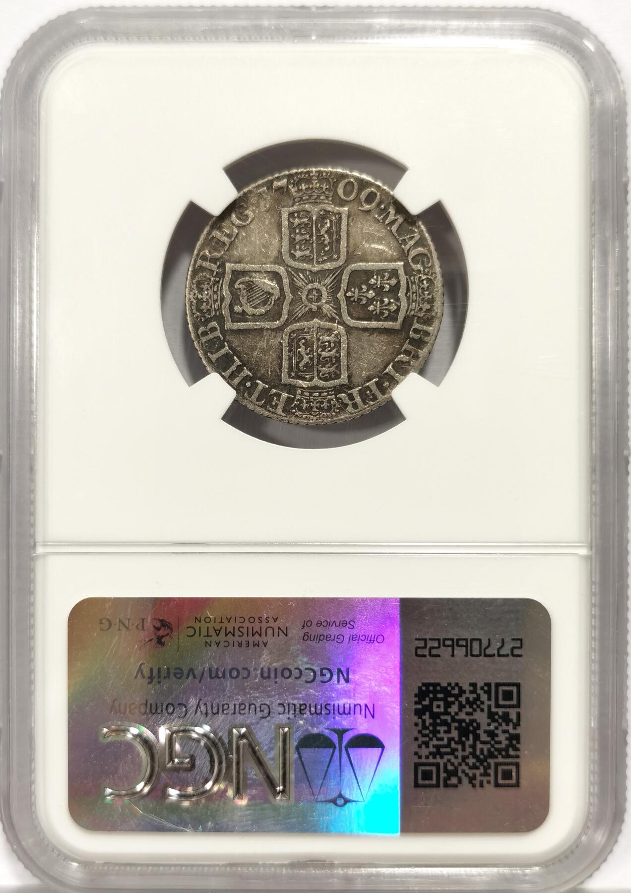 博洋堂世界钱币拍卖第163期（全场包邮） NGC XF 英国1709年安妮女王1先令银币