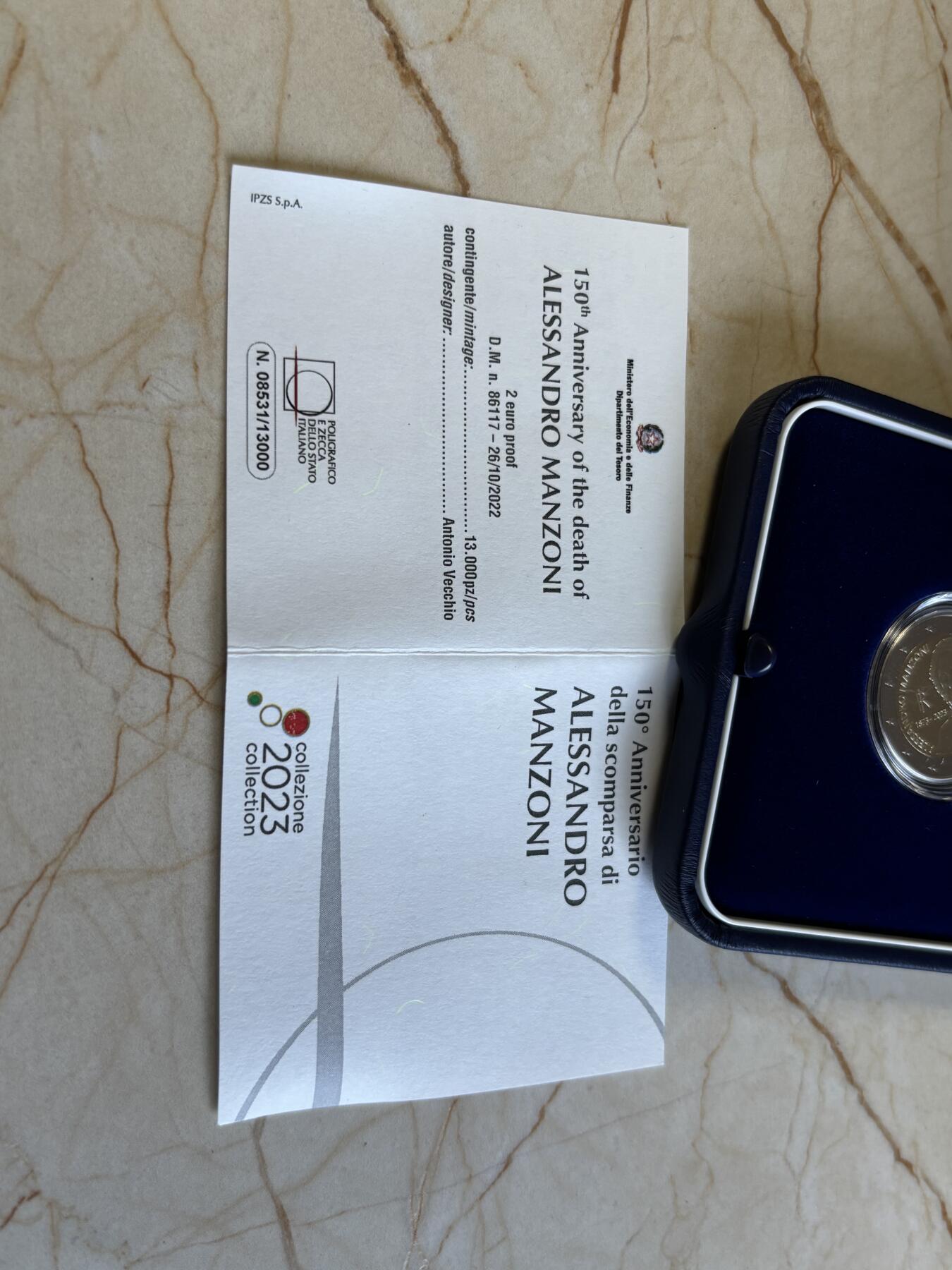 第192期拍卖 意大利2023年人物曼佐尼2欧精制双色纪念币