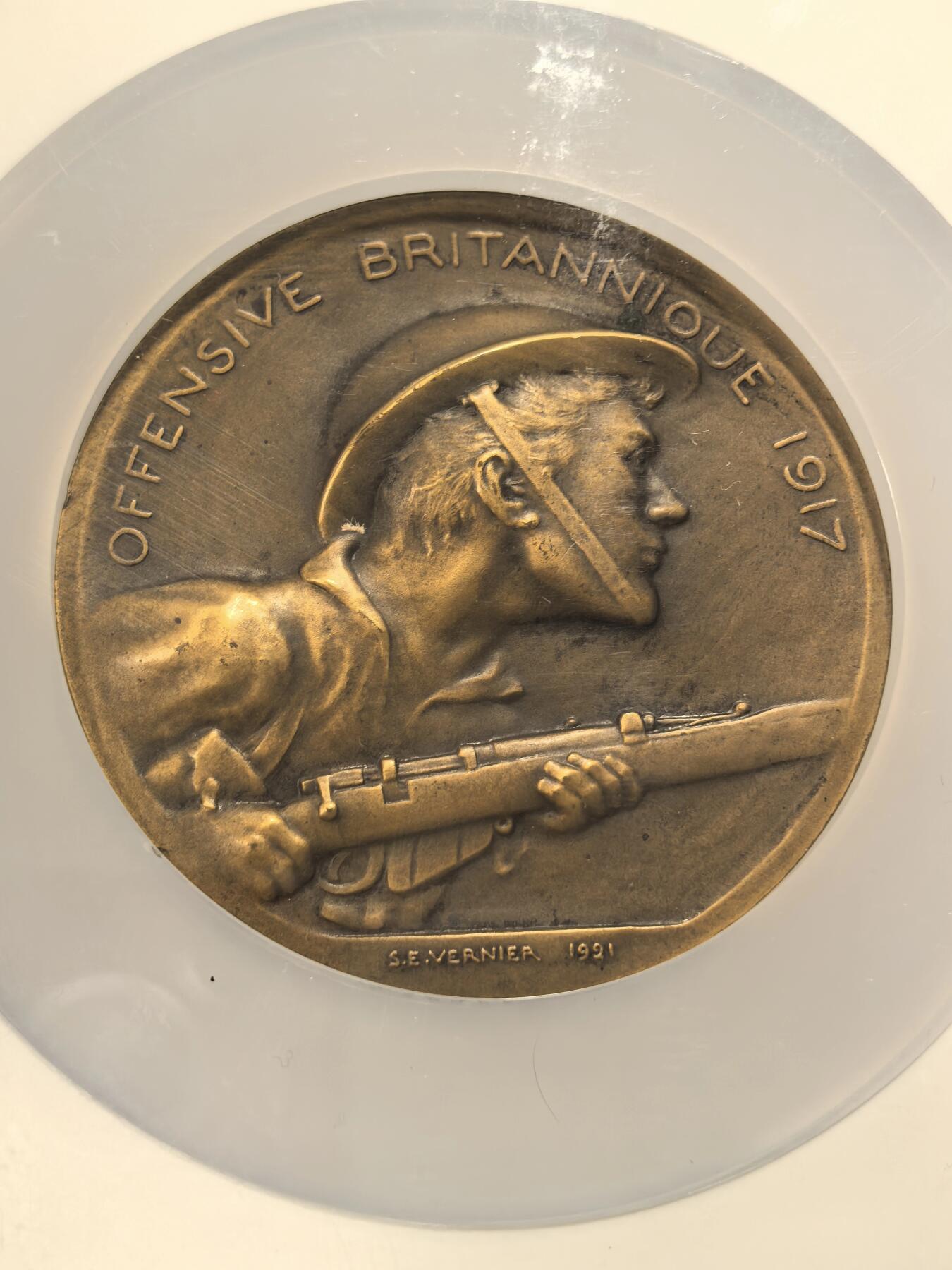 博洋堂世界钱币拍卖第163期（全场包邮） NGC MS63BN 法国1917年一战期间英国攻势纪念大铜章，环绕狮子上方“VIMY • ARRAS • YPRES”（维米、阿拉斯、伊普尔）这三个地点都是一战期间的重要战场