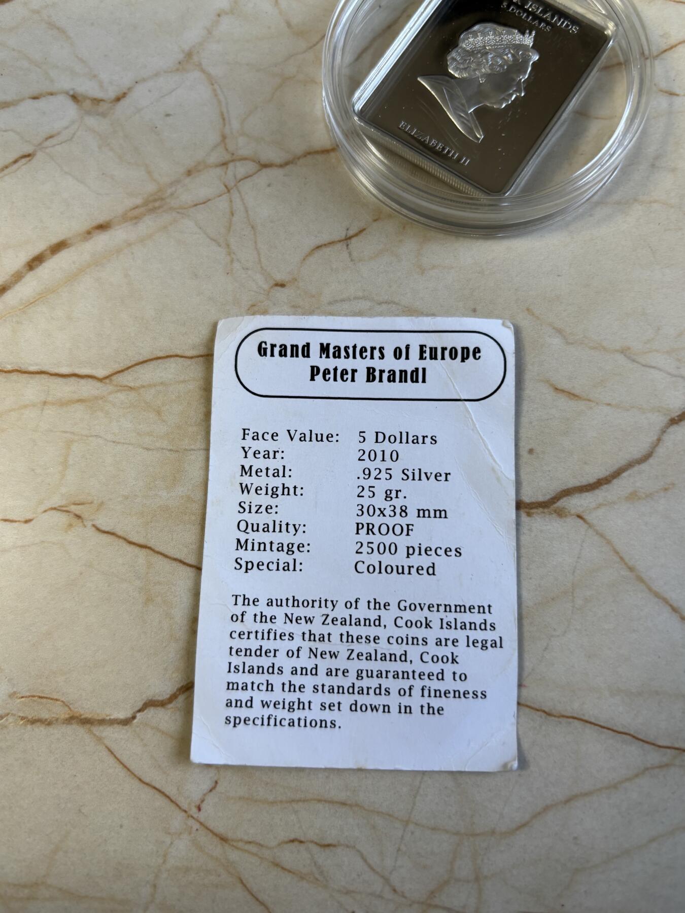 第192期拍卖 库克2010年名画系列切赫布兰德上帝的信徒矩形银币带证书，925银，25克，发行量2500枚，