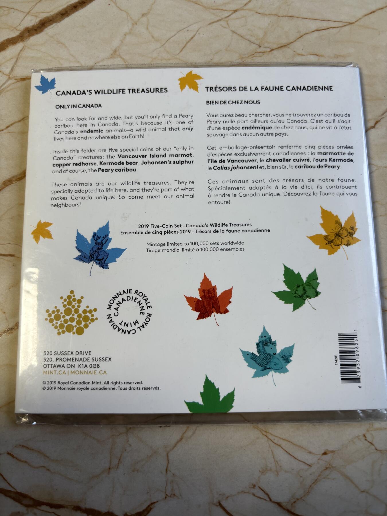 第192期拍卖 卡装加拿大2019年野生动物宝藏系列纪念币5枚套