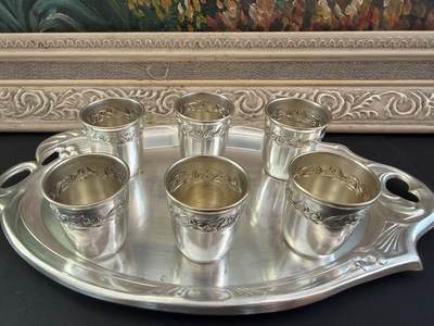 海外回流精品拍卖（五一专场） 法国回流老包银酒具一套（盘尺寸：24cmX13.7cm，酒杯：4cmX3.4cm）