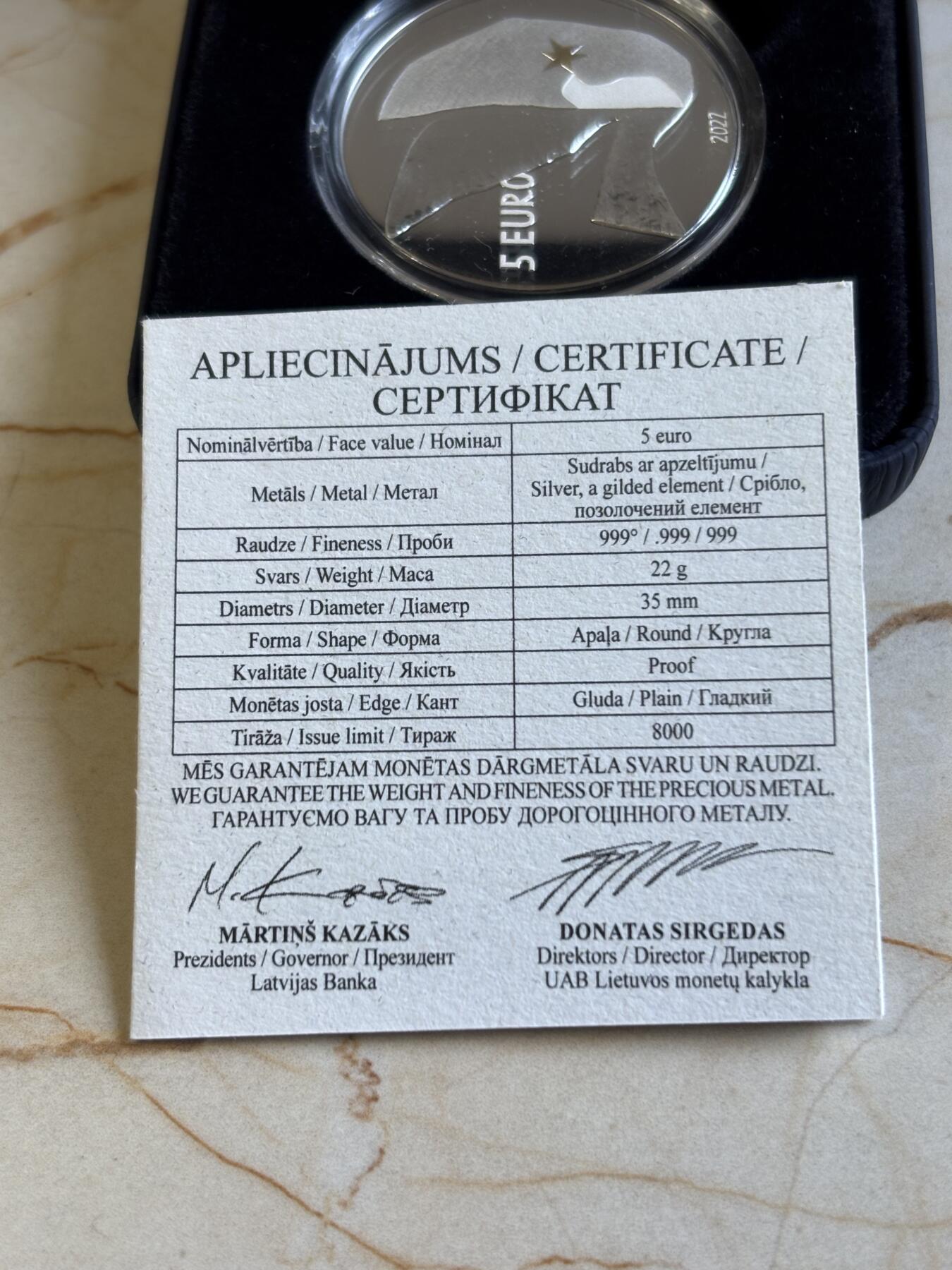 第192期拍卖 拉脱维亚2022年为了自由精制纪念银币，999银，22克，发行8000枚