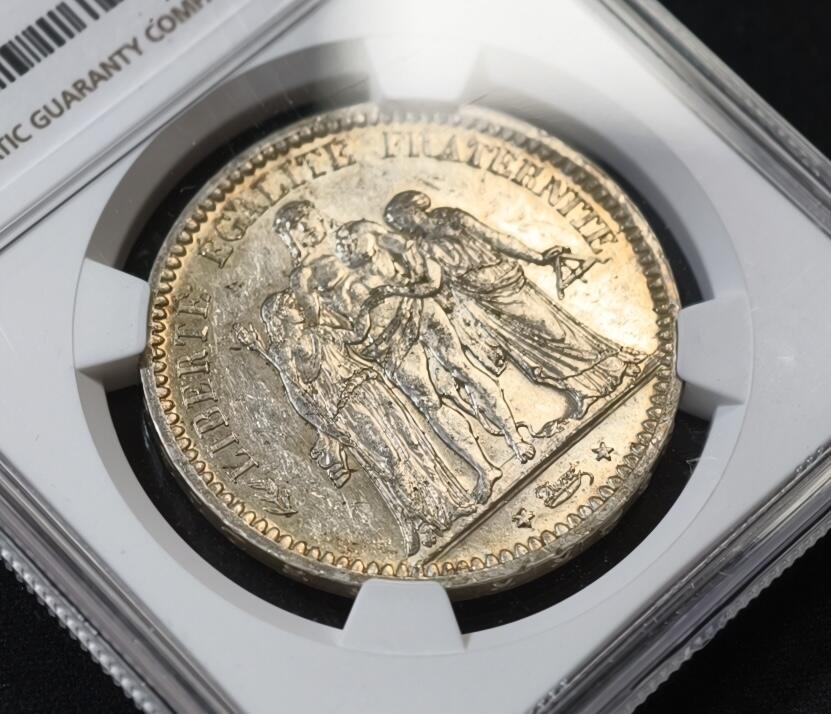 甄臻铺-世界币章拍卖（第53期），甄品场拍品征集中，送拍享返佣金等优惠多多 NGC-MS61 法国1873A 5法郎大力神银币