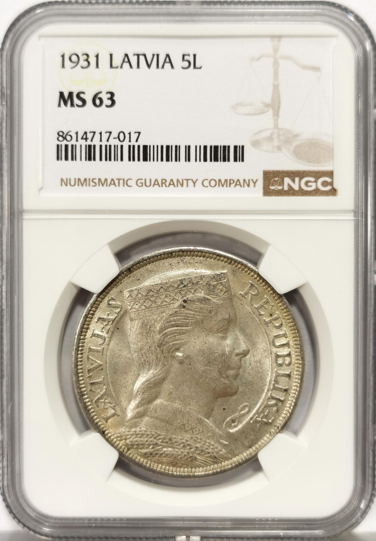 博洋堂世界钱币拍卖第163期（全场包邮） NGC MS63 拉脱维亚1931年谷物女神5拉特大银币，带漂亮淡黄油包浆，转光十足，可自藏的好品相。