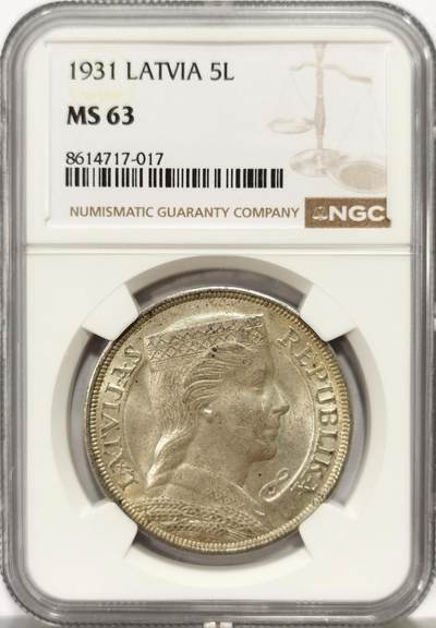 博洋堂世界钱币拍卖第163期（全场包邮） - NGC MS63 拉脱维亚1931年谷物女神5拉特大银币，带漂亮淡黄油包浆，转光十足，可自藏的好品相。