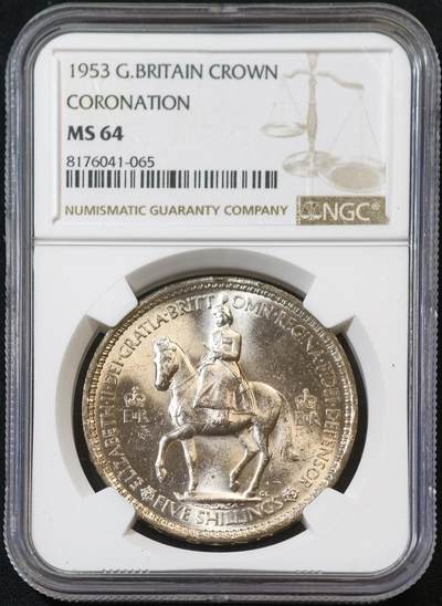 甄臻铺-世界币章拍卖（第53期），甄品场拍品征集中，送拍享返佣金等优惠多多 - NGC-MS64 英国1953年加冕克朗银币 原光状态 历史纪念意义浓厚