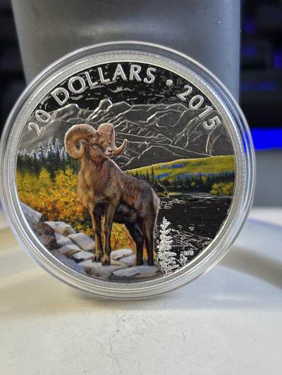第192期拍卖 - 加拿大2015年标志性动物系列大角羊1盎司彩色银币，9999银，发行6500枚