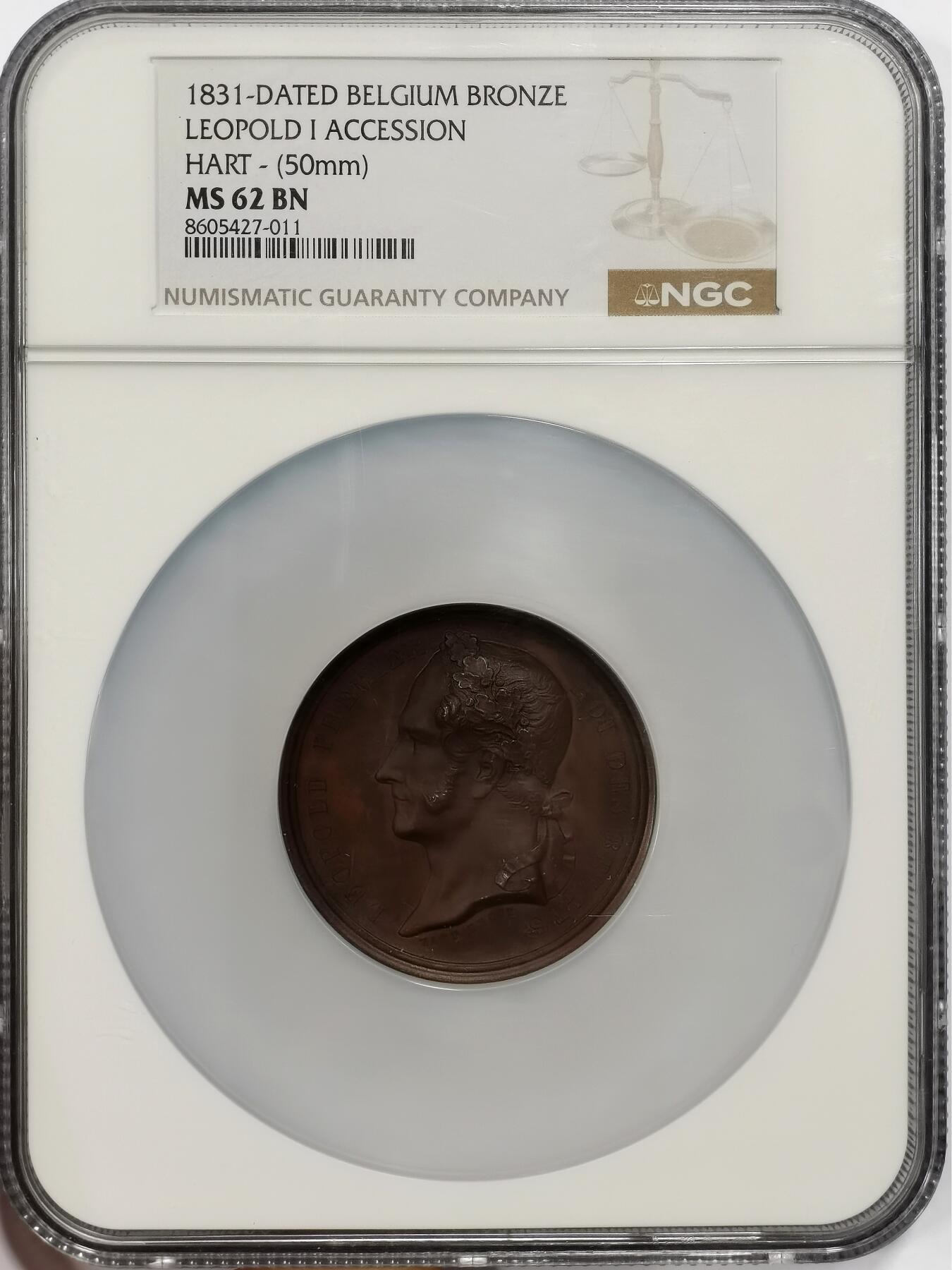 博洋堂世界钱币拍卖第163期（全场包邮） NGC MS62BN 比利时1831年利奥波德一世登基纪念大铜章