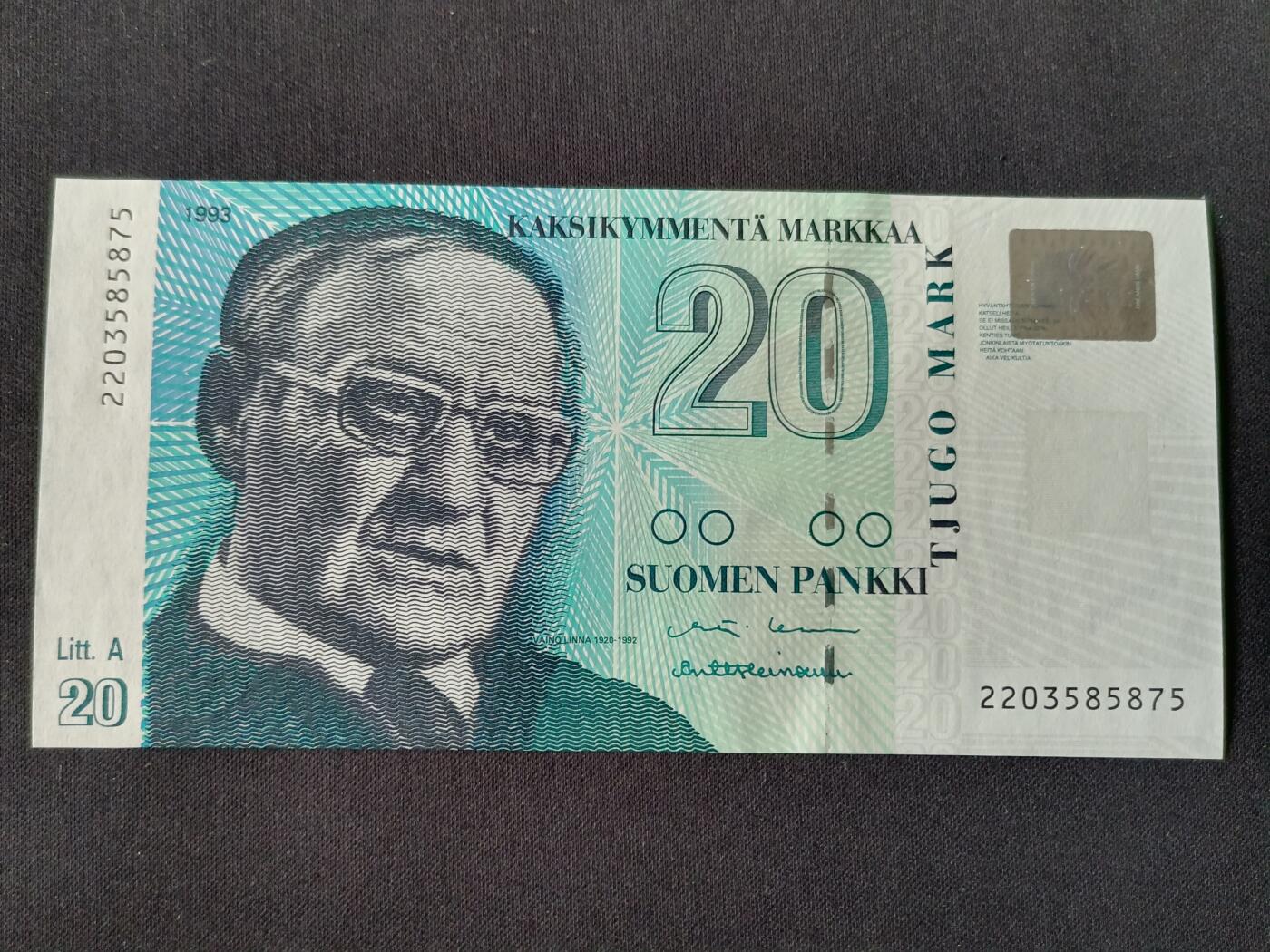 【游宝拍卖】丙午马年第7期 芬兰-20马克【1993年 Litt.A版 全新UNC】