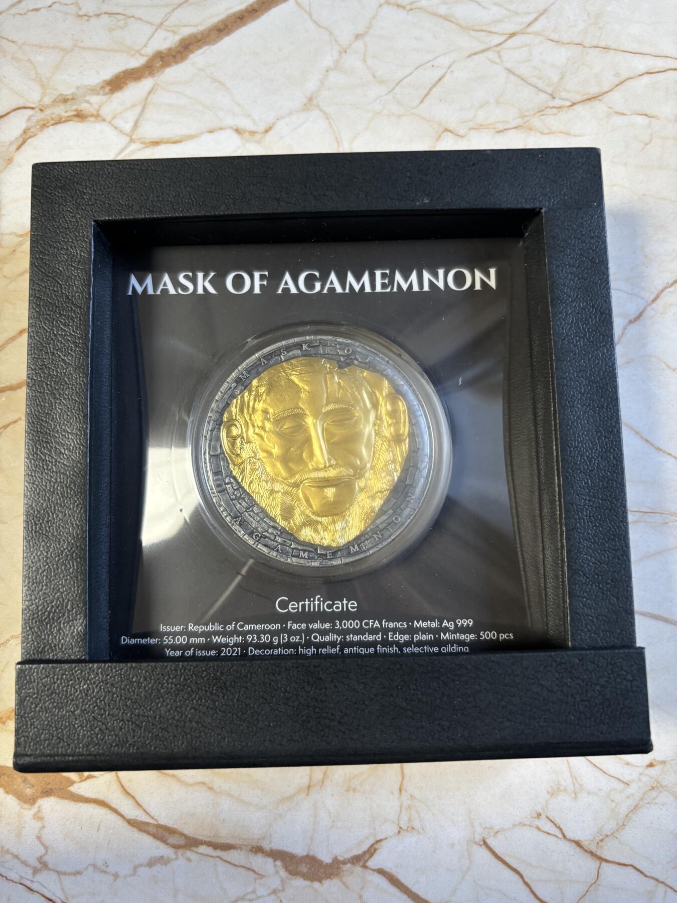 第192期拍卖 喀麦隆2021年阿伽门农黄金面具3盎司镀金纪念银币，999银镀金，发行500枚