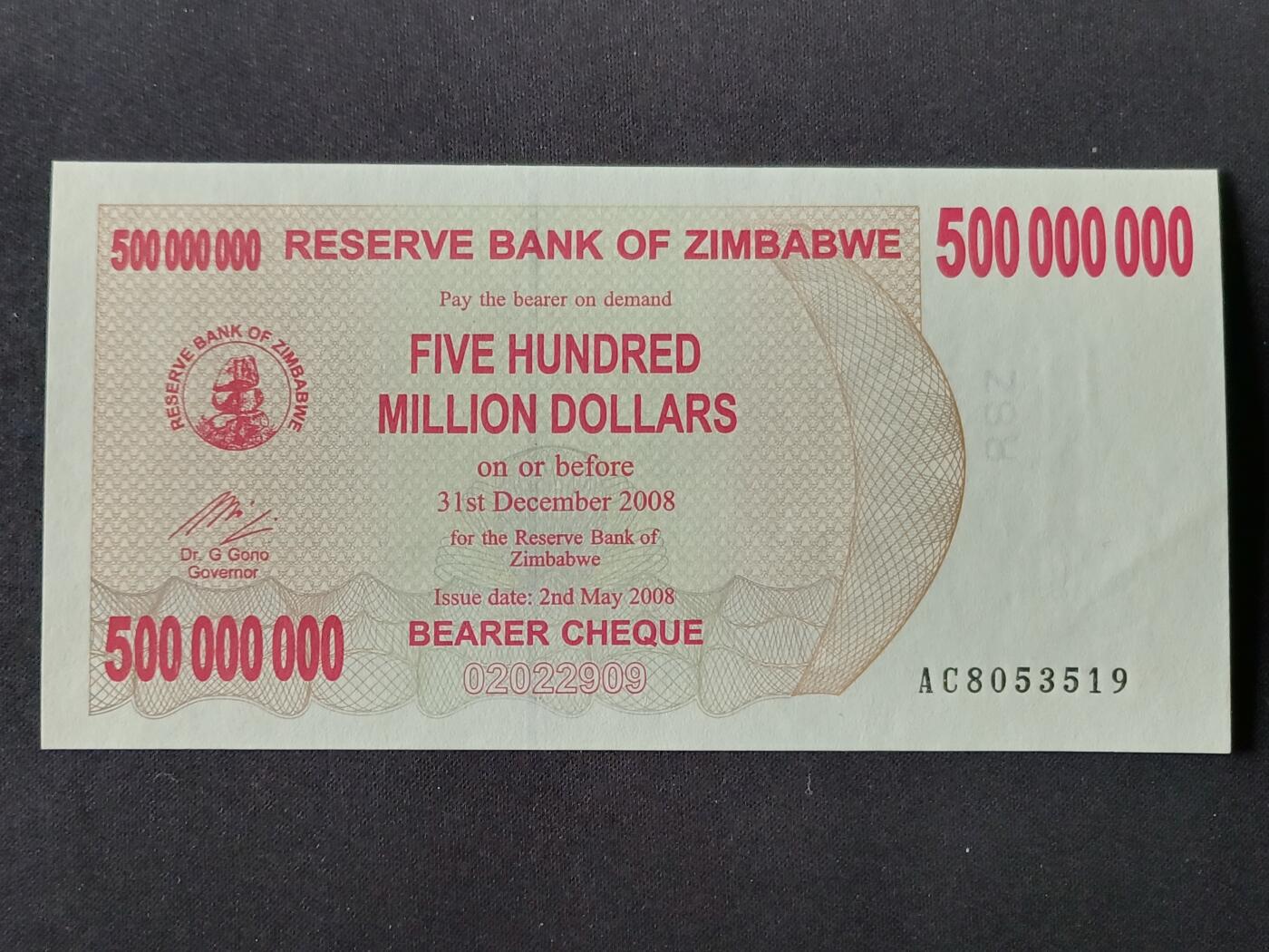 【游宝拍卖】丙午马年第7期 津巴布韦-5亿【2008年 紧急无记名支票 全新UNC-】