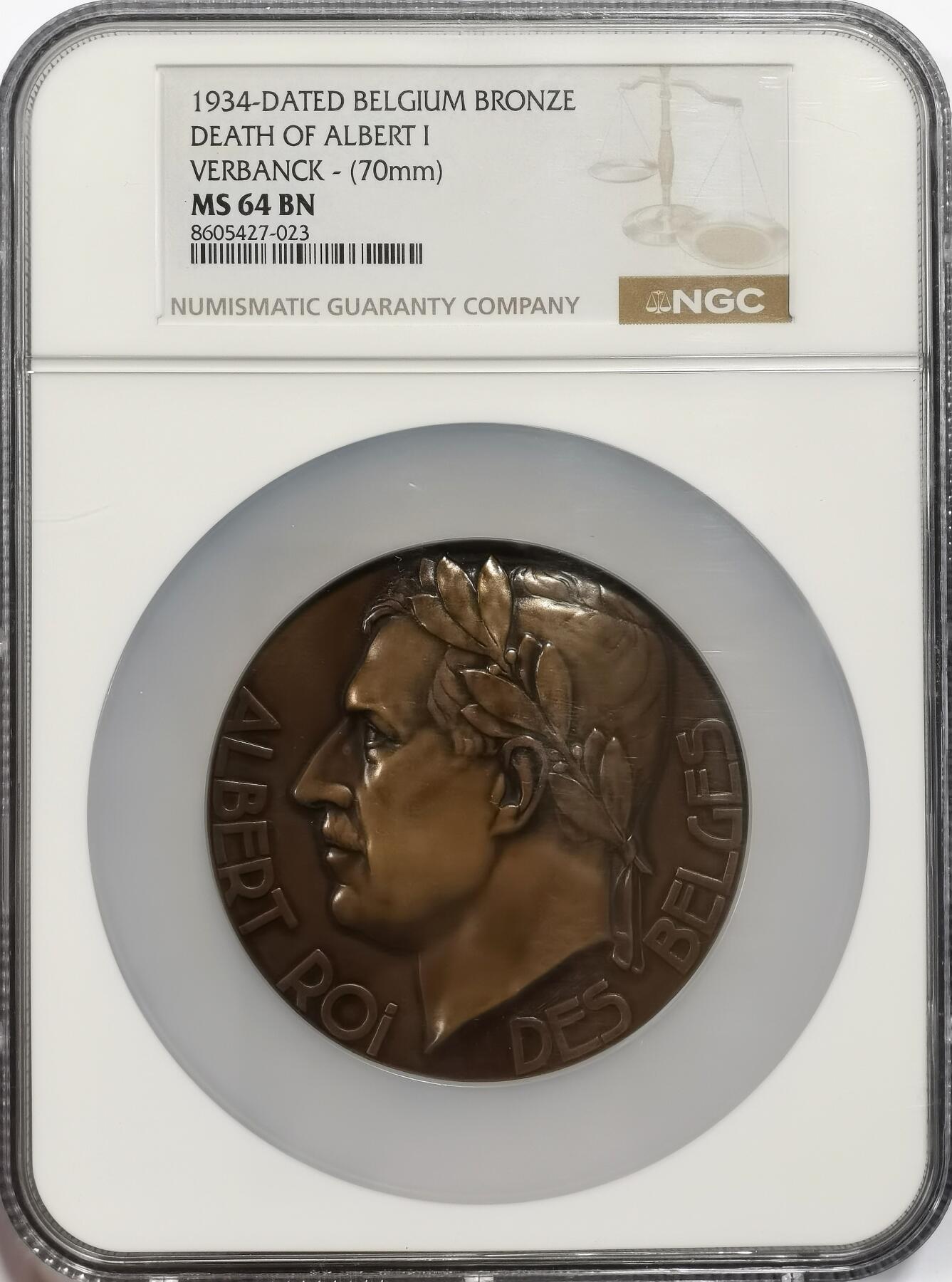 博洋堂世界钱币拍卖第163期（全场包邮） NGC MS64BN 比利时1934年阿尔伯特一世逝世纪念大铜章