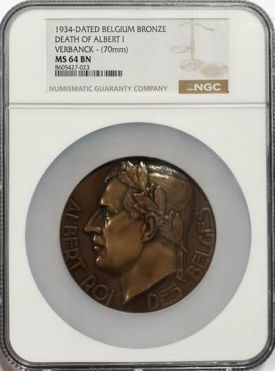博洋堂世界钱币拍卖第163期（全场包邮） - NGC MS64BN 比利时1934年阿尔伯特一世逝世纪念大铜章