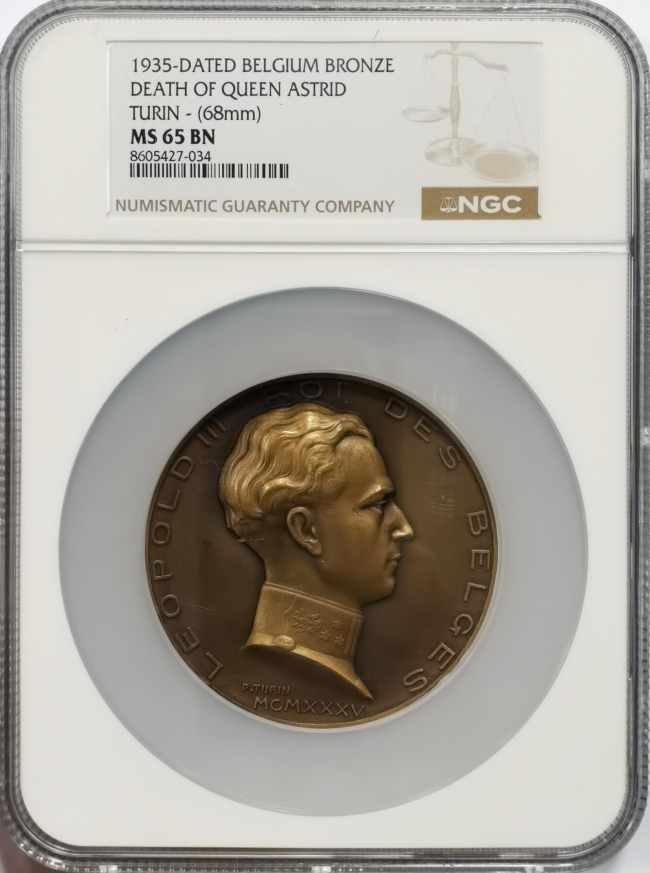 博洋堂世界钱币拍卖第163期（全场包邮） NGC MS65BN 比利时1935年王后阿斯特丽德逝世纪念大铜章，她是比利时国王利奥波德三世的妻子，于1934年12月29日在瑞士的一次车祸中不幸去世，年仅29岁