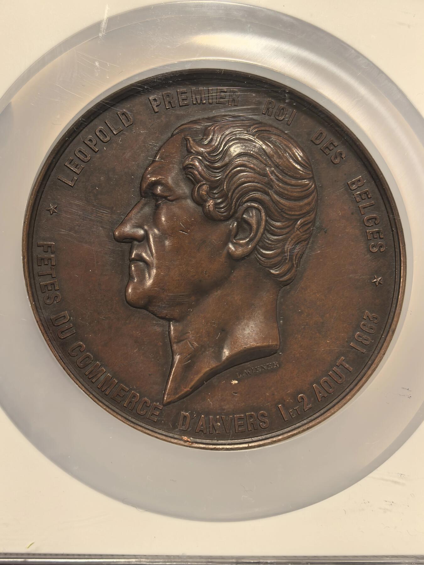 博洋堂世界钱币拍卖第163期（全场包邮） NGC MS62BN 比利时1863年埃斯科河的解放纪念大铜章，1863年比利时通过条约从荷兰收回了安特卫普港的主权，实现了埃斯科河的自由通航，“解放”了这一战略要地