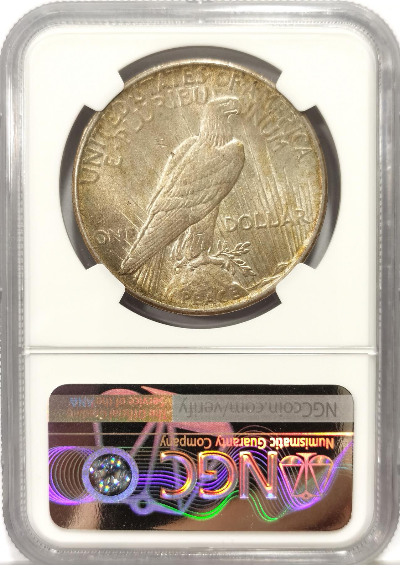 博洋堂世界钱币拍卖第163期（全场包邮） NGC MS64 美国1925年和平银币，金彩转光好品，漂亮的状态，和平带彩少见。