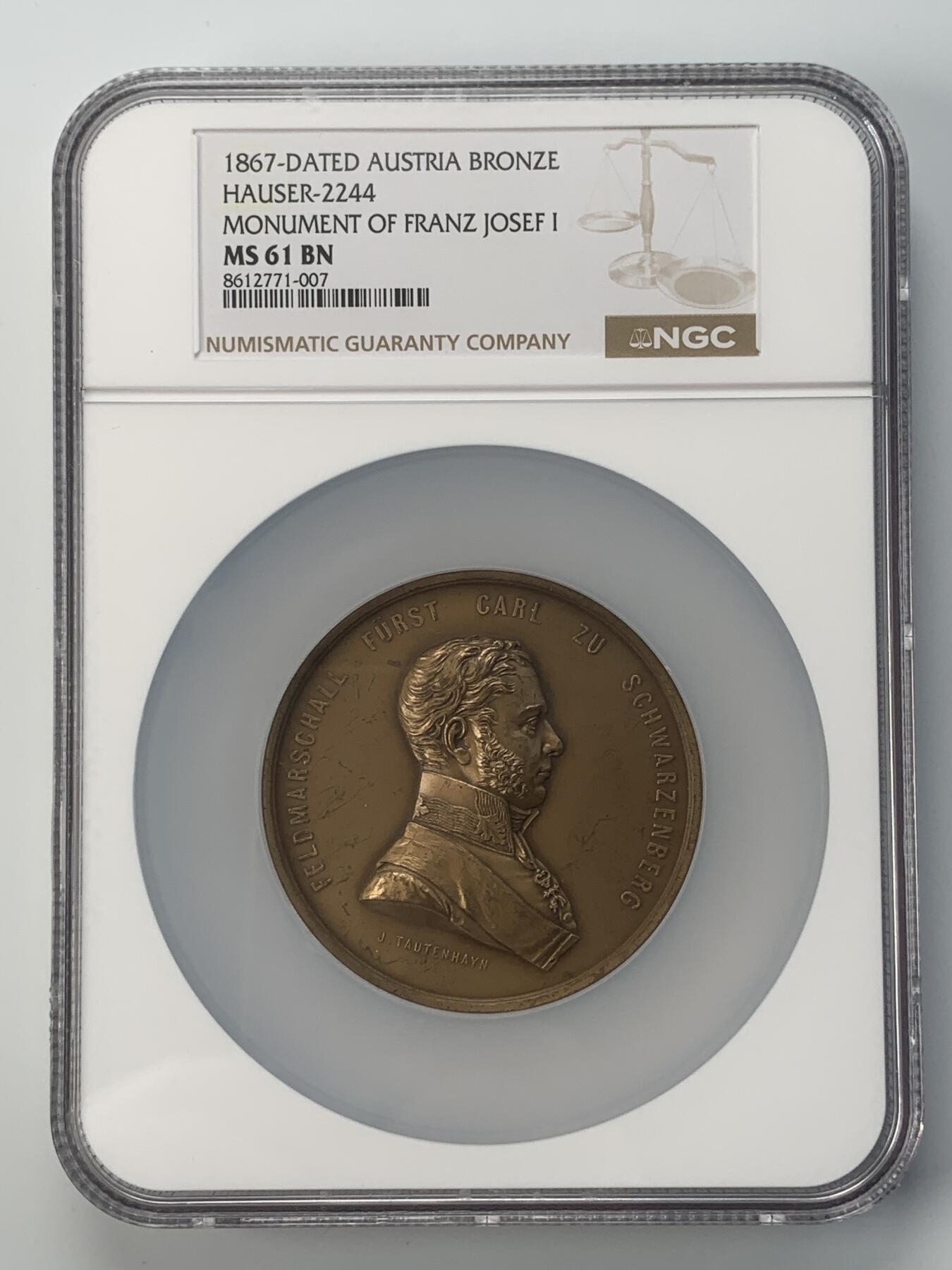 掌中浮雕-藏着的欧洲第053场 NGC MS61 : 1867年奥地利陆军元帅、外交家卡尔•黑山公爵纪念碑落成铜章 , 63.50mm