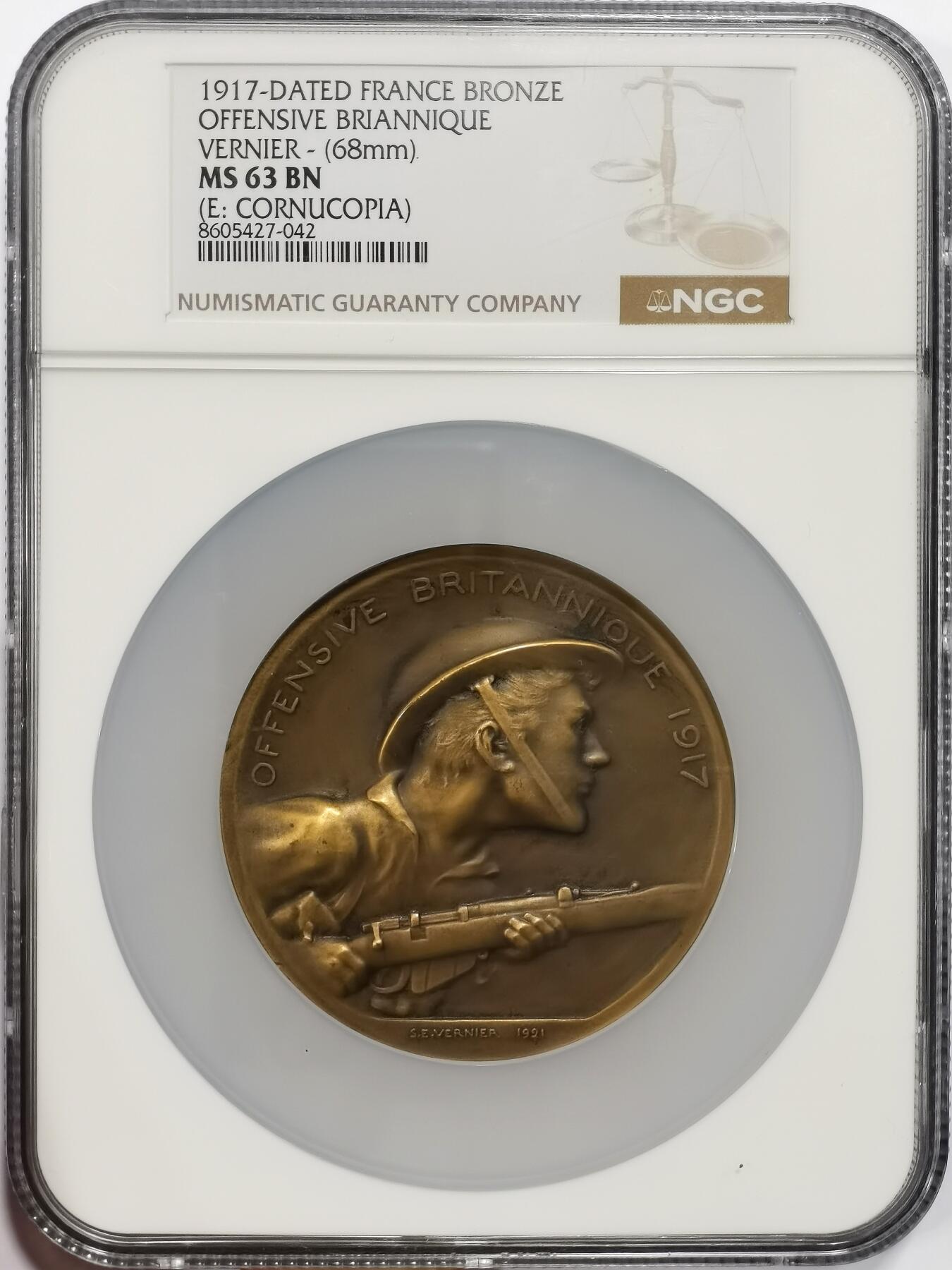 博洋堂世界钱币拍卖第163期（全场包邮） NGC MS63BN 法国1917年一战期间英国攻势纪念大铜章，环绕狮子上方“VIMY • ARRAS • YPRES”（维米、阿拉斯、伊普尔）这三个地点都是一战期间的重要战场