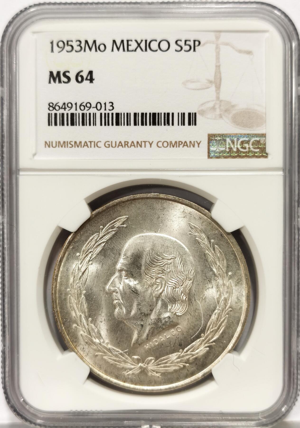 博洋堂世界钱币拍卖第163期（全场包邮） NGC MS64 墨西哥1953年5比索大银币，约含20g纯银，卷拆曝光好品。