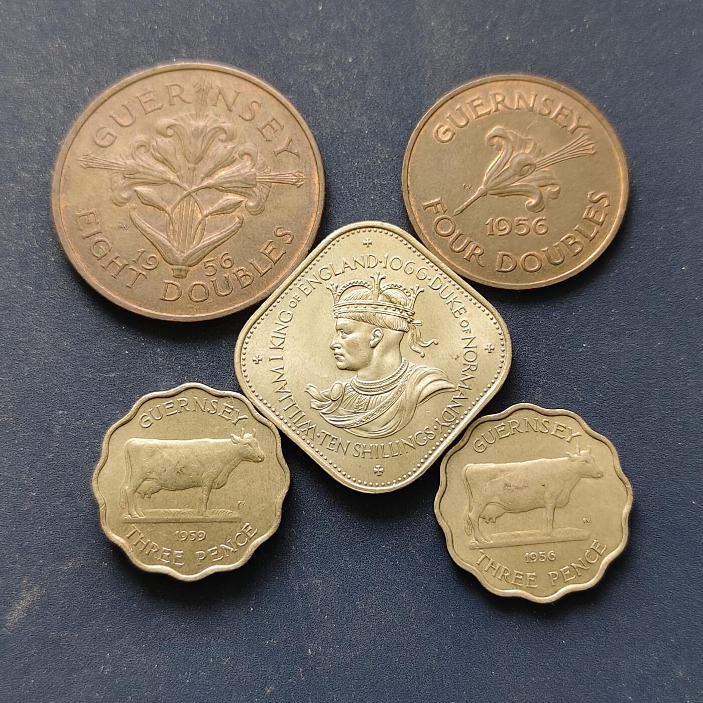 【全场包邮】纯粹捡漏拍508场 根西1956-1966年5枚套币-含3便士2版本+诺曼征服900周年纪念币