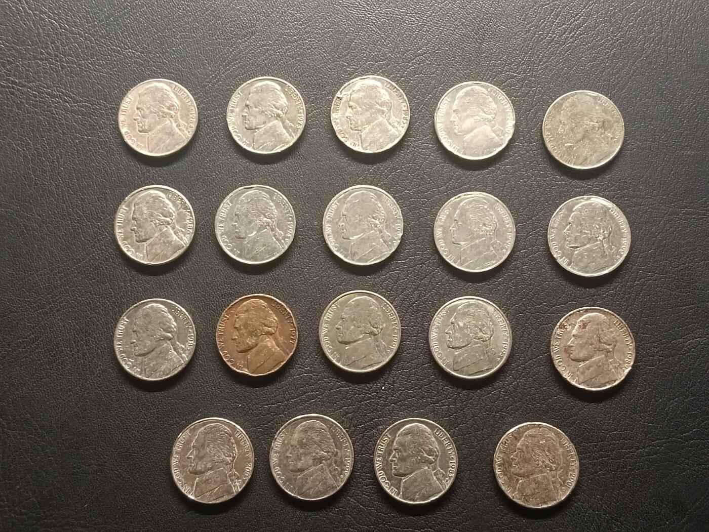 荟藏特别场次第五期——“社长的钢镚堆” 美国5分旧杰斐逊头像批量19枚