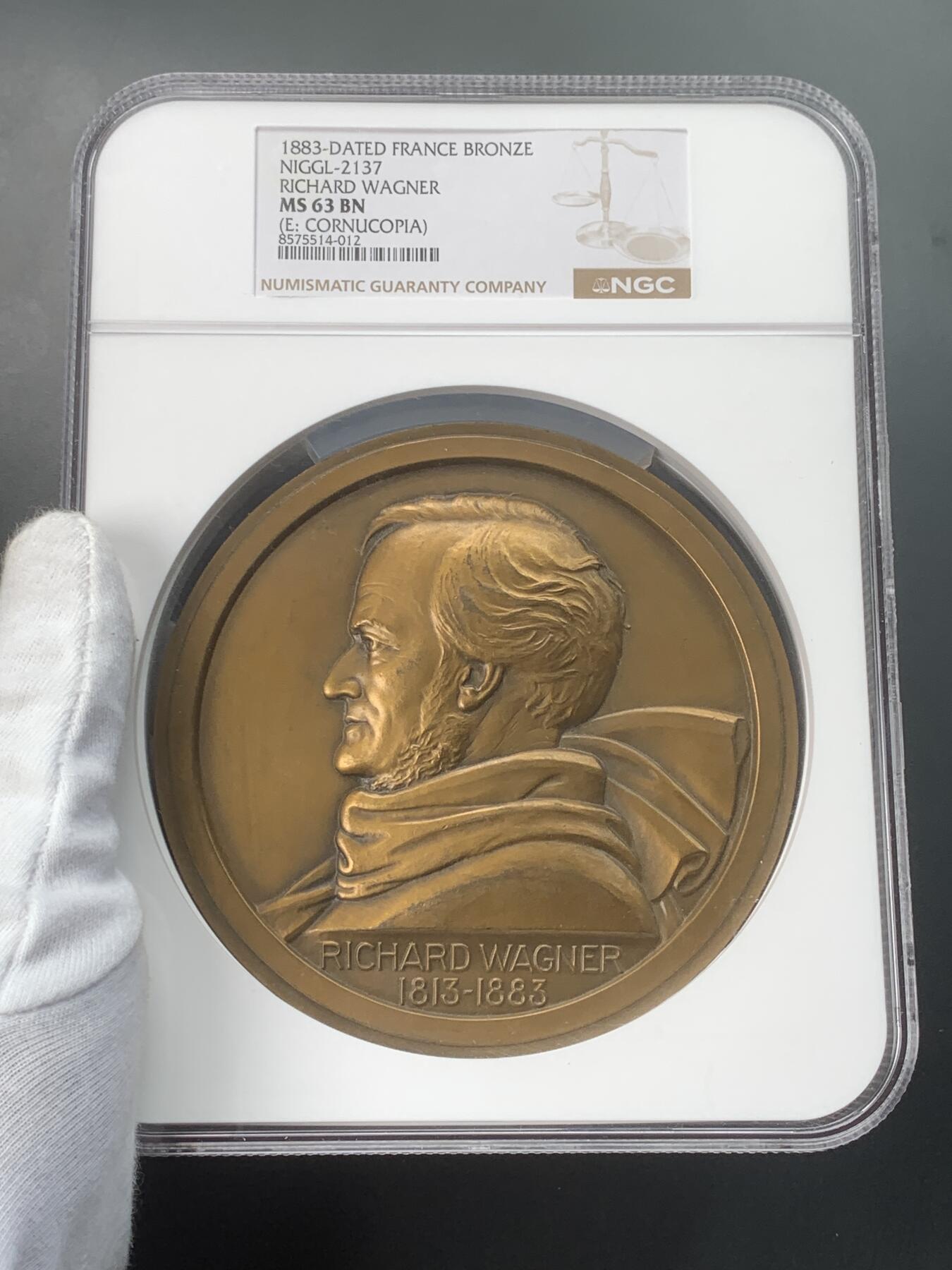掌中浮雕-藏着的欧洲第053场 NGC MS63 : 1883年德国作曲家瓦格纳纪念铜章  ，114mm，NGC 超大盒子
