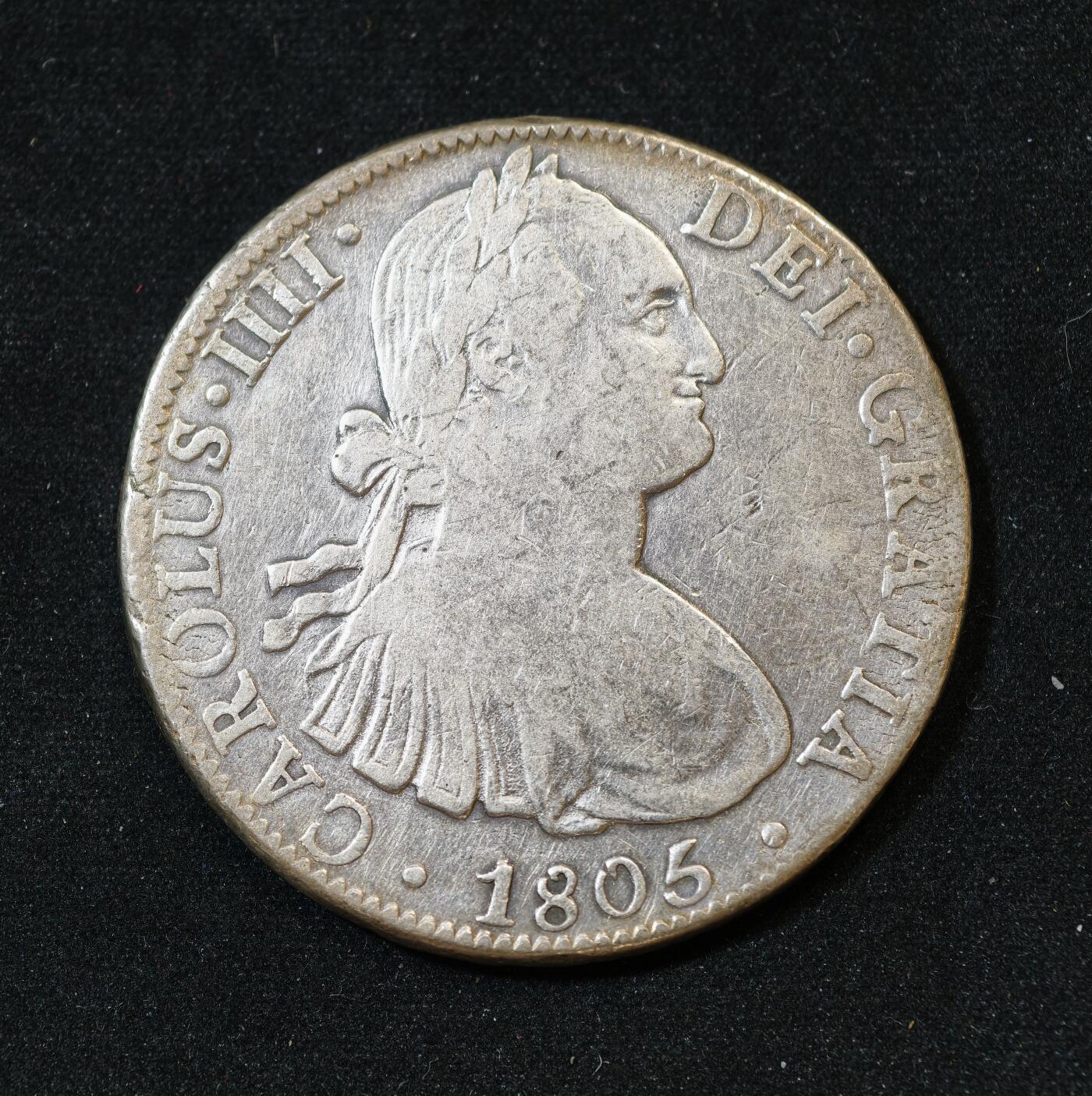 甄臻铺-世界币章拍卖（第53期），甄品场拍品征集中，送拍享返佣金等优惠多多 1805年 西属墨西哥 双柱卡洛斯四世 8里亚尔 大银币 27.07g 含银量89.6% 背面有个太阳戳，非常美观，细节见图