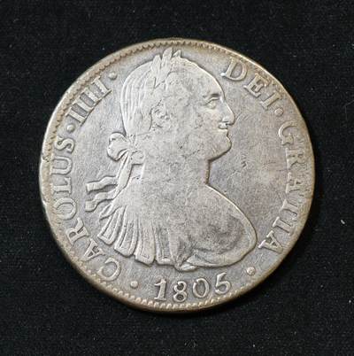 甄臻铺-世界币章拍卖（第53期），甄品场拍品征集中，送拍享返佣金等优惠多多 - 1805年 西属墨西哥 双柱卡洛斯四世 8里亚尔 大银币 27.07g 含银量89.6% 背面有个太阳戳，非常美观，细节见图