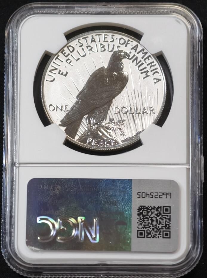 甄臻铺-世界币章拍卖（第53期），甄品场拍品征集中，送拍享返佣金等优惠多多 NGC-MS70 美国2023年反精制和平银元 首发版 带设计师签名标签 收藏首选