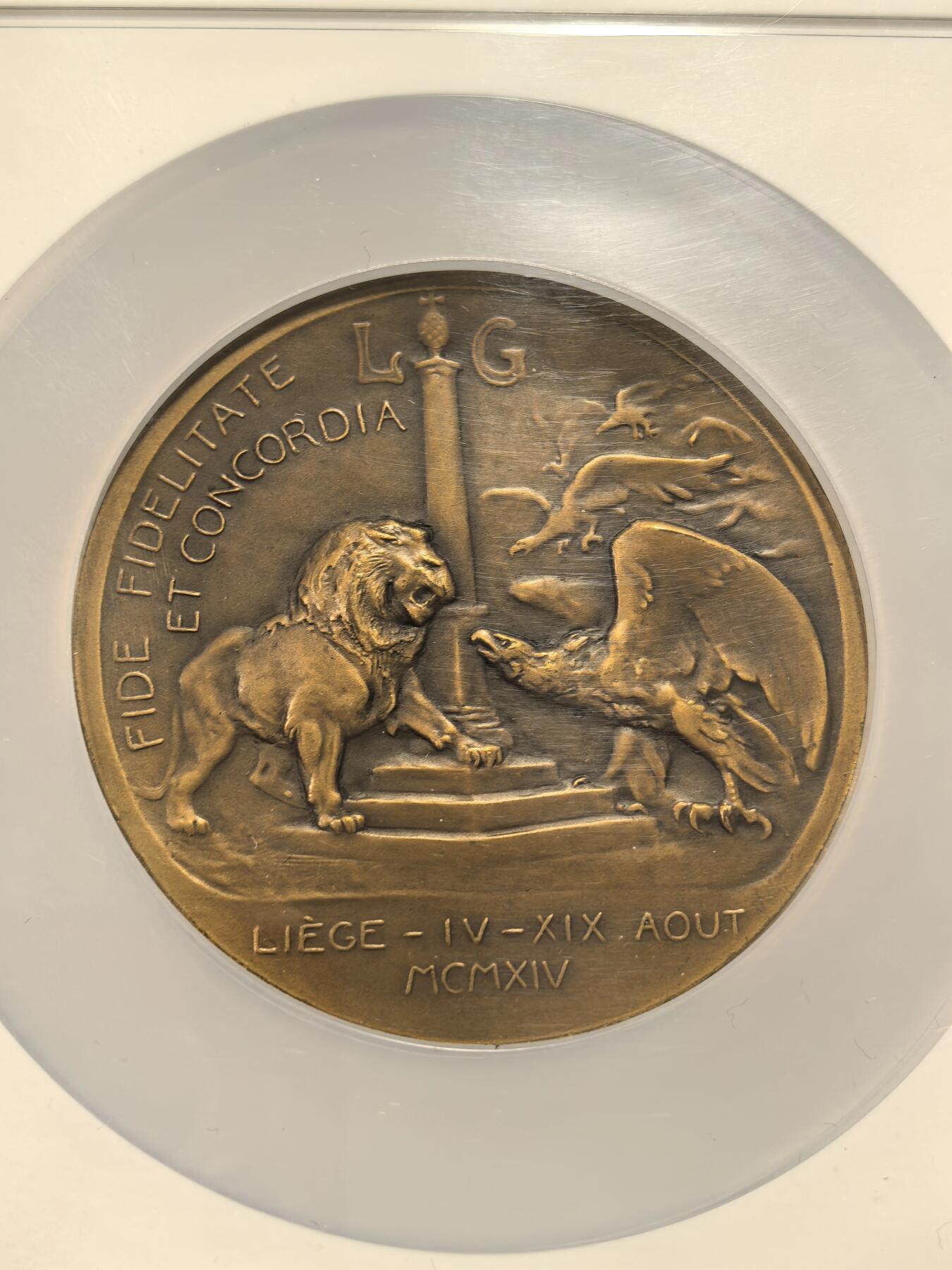 博洋堂世界钱币拍卖第163期（全场包邮） NGC MS65BN 比利时1914年列日战役纪念大铜章，正面为列日要塞指挥官乔治·勒曼将军